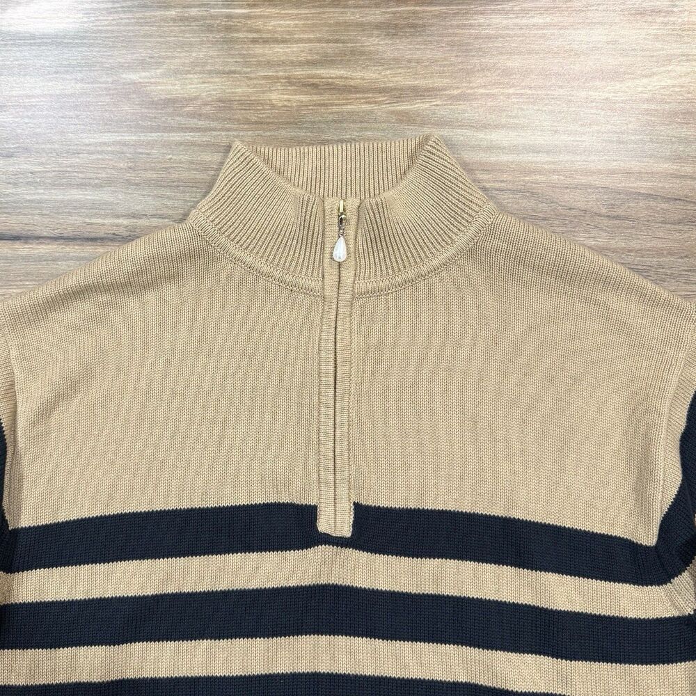 J.Crew Tan Striped Horizontal Stripe Pearl Halfzip Preppy Pullover Sweater Sz M - Picture 3 of 8